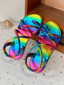 Giày sandal đế bằng quai ngang ánh kim cho trẻ em, quai ngang co giãn, hở mũi, giày casual mùa hè. - Nhiều màu - Xem 6