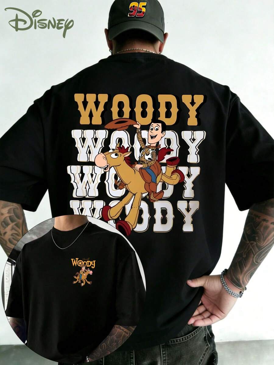 Disney Toy Story Woody Cartoon T-Shirt, Woody And Red Heart Western Cowboy Print - Double-Sided Printed Design T-Shirt, Men's Summer Short-Sleeve Top, High-Quality 100% Cotton Short-Sleeve T-Shirt, Relaxed, Breathable, Casual Short-Sleeve Pack, Universal For Men And Women, Disneyland Travel Wear, Couples Wear, Casual Everyday Wear, Street Wear, Vacation Wear, Campus Wear, Toy Story Enthusiasts - màu đen - Xem 1