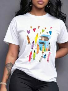 Animated And Vibrant Crayons Dancing Around Their Box With Floating Hearts Evoking Creativity, Joy And A Burst Of Color For Your Unique Day. Women's T-Shirt 100% Cotton, Maija Women Curvy. - 白色 - 查看 7
