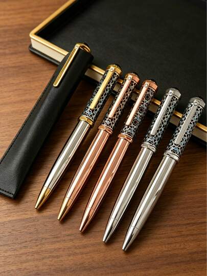 2pcs Premium Metal Ballpoint Pen Set (1 Pen + 1 Pen Case), 3 Color Options (Blue Engraved/Rose Gold/Gold), High-Precision Alloy Body, 0.7mm Smooth Writing Ink Refill, Suitable For Daily Use, Gift-Giving, Or Corporate Promotional Items, Elegant And Practical, PU Leather Pen Case
