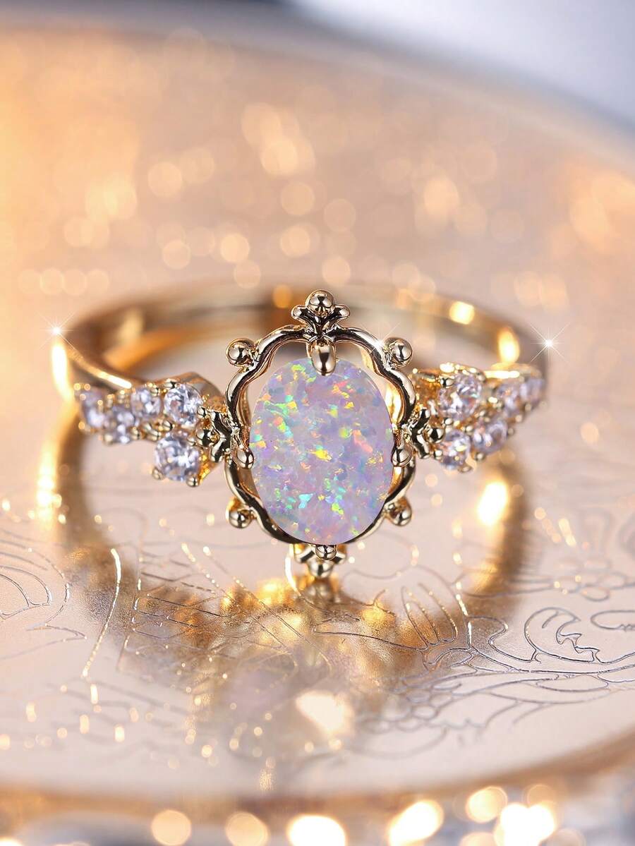 Vanel 1 chiếc nhẫn sang trọng kiểu cung điện cổ điển hình quả trứng, đính đá Cubic Zirconia, thích hợp cho phụ nữ dự tiệc và các dịp lễ. - Vàng kim - Trắng ngọc trai - Trắng - Xem 1