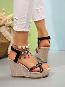 Women's Fashion Round Toe Open Toe Summer Plus Size Bohemian Style Wedge Platform Sandals - Black - View 3