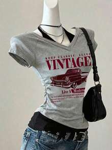 Camiseta de mujer casual de cuello en V retro, con atar, de manga corta y contraste de color, adecuada para el verano - Gris Claro 2 - Ver 6