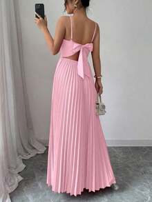 Vestido largo de mujer de unicolor, minimalista y casual con tirantes finos, espalda descubierta y lazo - Rosa - Ver 5