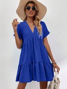 LUNE Vestido con puños enrollados, dobladillo con volantes y unicolor borgoña para outfit de mujer - azul real - Ver 6