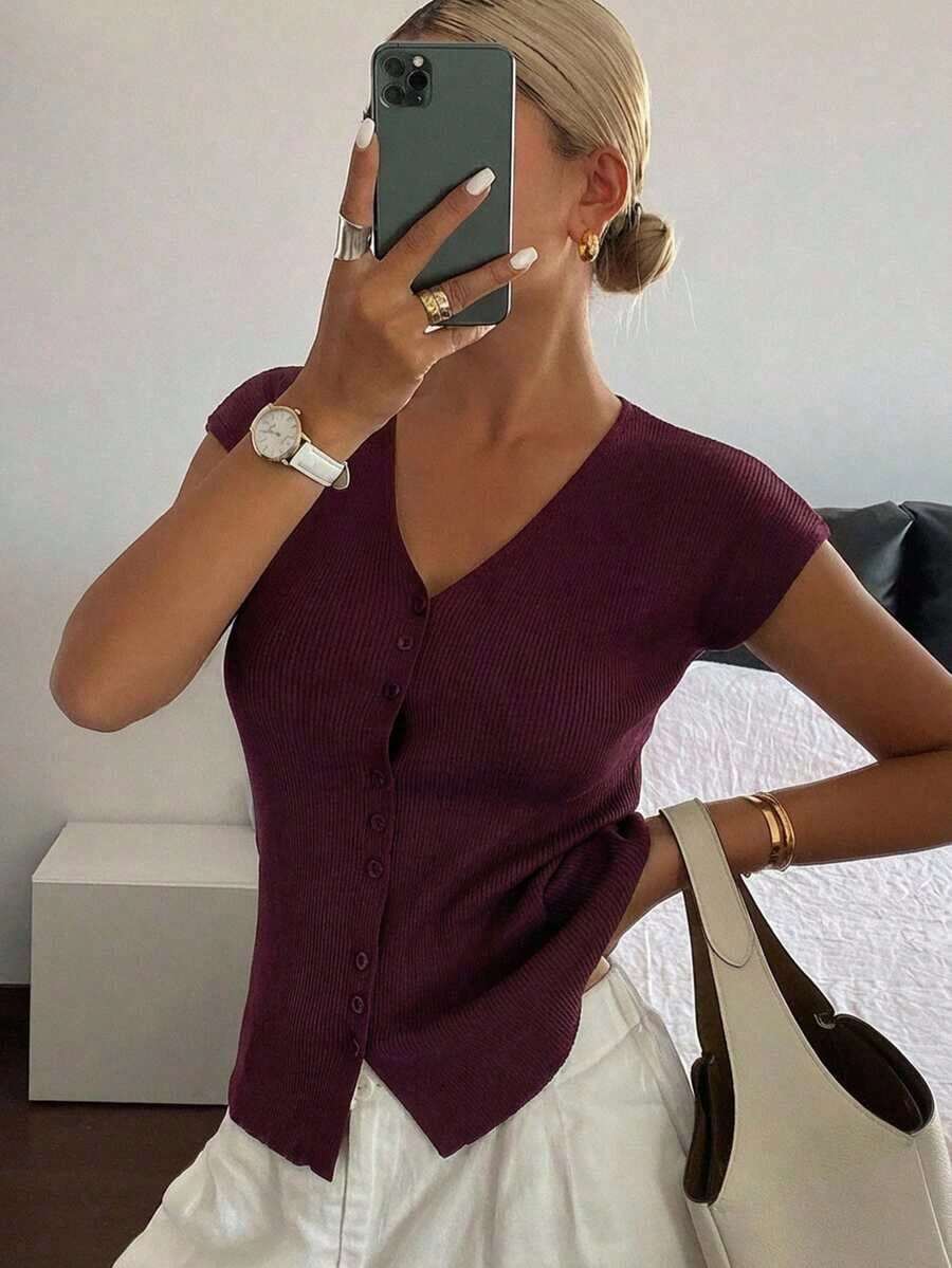 Cárdigan casual de verano para mujer, de unicolor, ajustado, de cuello en V, elástico y delgado - Burdeos - Ver 1