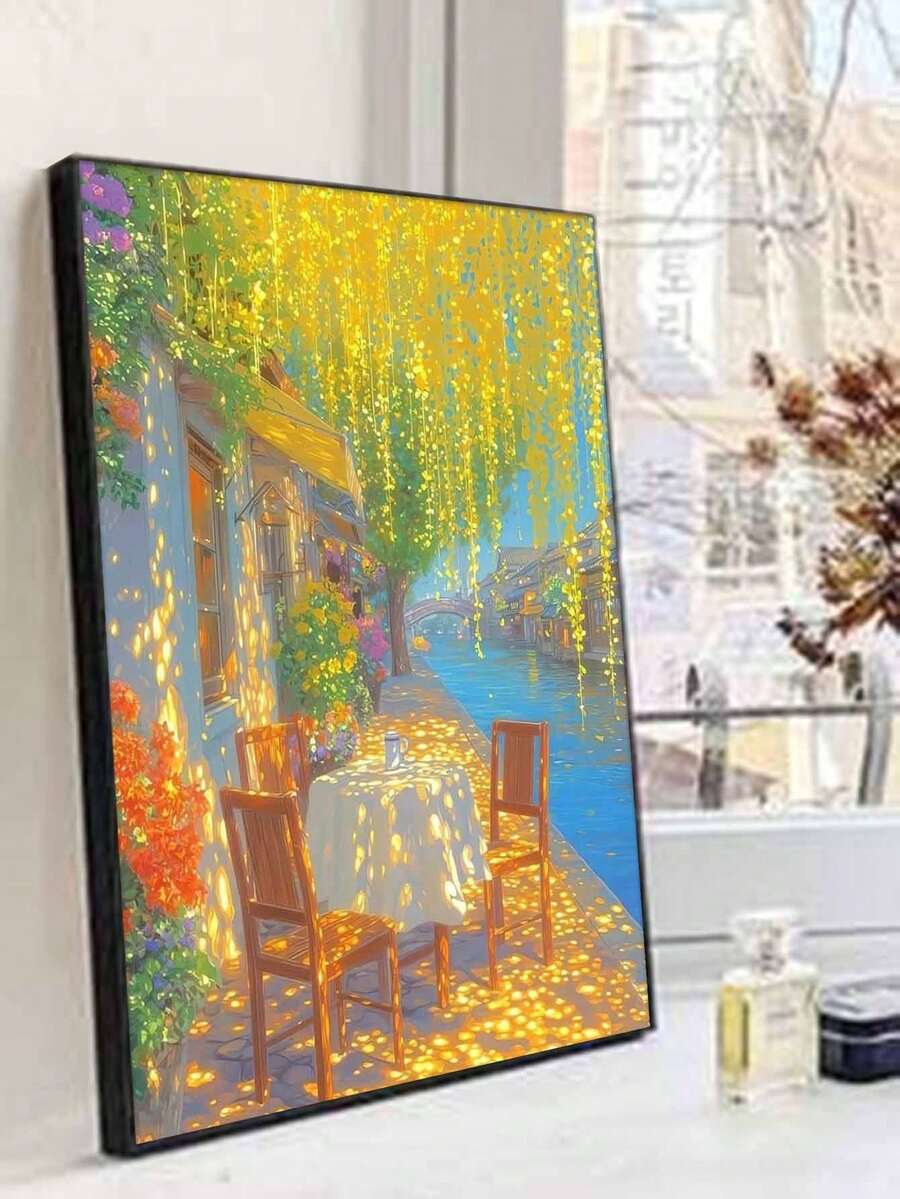 陽光下的河畔咖啡廳露台 DIY 數位油畫,成人手工家居裝飾,40x50cm/16x20in,節日禮物 - 40*50厘米 - 查看 1
