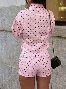 Chaqueta de primavera con cuello alto, estilo casual y retro, con estampado de lunares y bolsillos, para uso diario - marrón rosado - Ver 11
