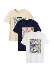 1 Piece Of Women's Short-Sleeved Round Neck T-Shirt, Casual Style With Colorful Letter And Paint Print, Electric Car Design, Fashionable And Versatile, Suitable For Women's Tops, Ideal For Vacation And Spring In Summer. - 杏色 - 查看 2