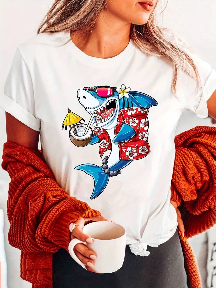 Playera de cuello redondo con estampado de tiburón, playera casual de manga corta para primavera y verano, ropa de mujer - [Blanco] - Ver 1