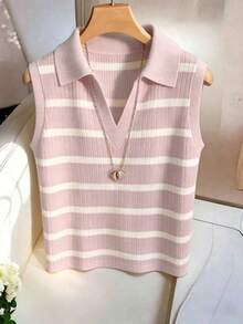 Camiseta de tirantes de punto con cuello y rayas elegante y casual para mujer - Rosa - Ver 4