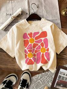 Women's Casual Printed T-Shirt - Bright And Colorful Floral Design, Round Neck, Machine Washable, Comfortable For All Seasons, Versatile And Stylish, Soft Fabric, Durable T-Shirt For Everyday Wear. - 杏色 - 查看 2
