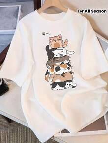 Camiseta Blanca de Gato para Mujer - Suave, transpirable, de corte holgado y manga corta, con diseño de gato y huellas superpuestas, cuello redondo, ropa casual de verano, exclusiva para amantes de los gatos, lavable a máquina, adecuada para que las mujeres la usen durante todo el año. - Blanco - Ver 7