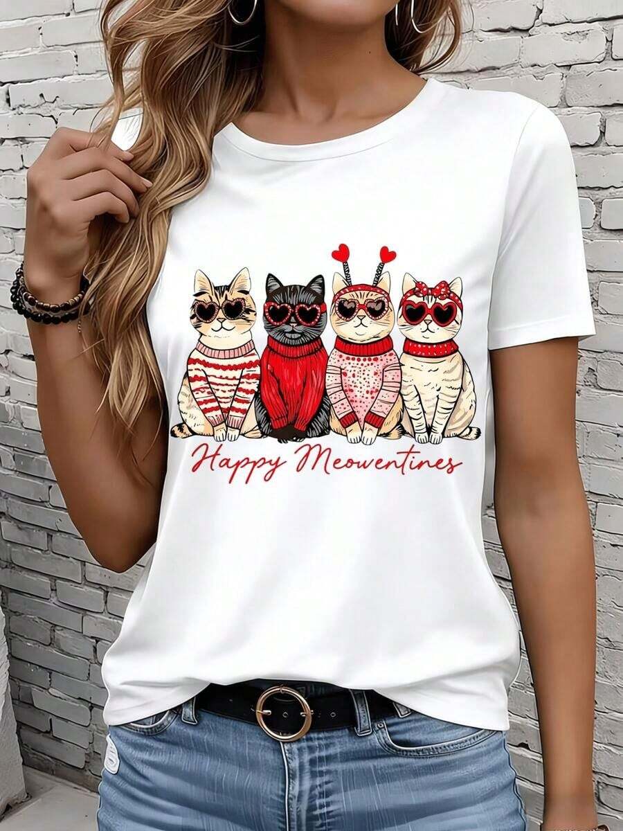 Women's Short-Sleeved T-Shirts In Black And White Are Suitable For Everyday Wear, Lounging At Home, And Outdoor Activities. This Valentine's Day T-Shirt Features A Fun Animal Print And Is A Great Gift For Cat Lovers And Party Favors. - 白色 - 查看 1
