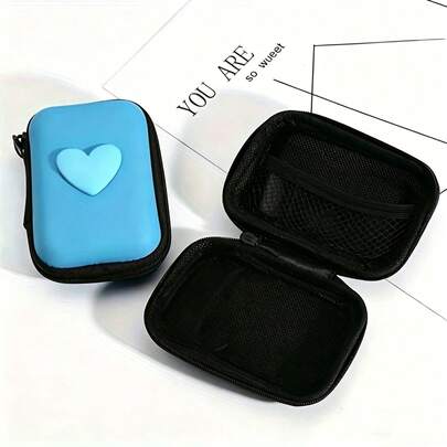 1pc Heart-Shaped Hard Storage Box, Macaron Color Portable Digital Pouch, Suitable For Earphones, Data Cables, Jewelry, Small Items Organization, Inner Mesh Pockets, Smooth Zipper, Multiple Fresh Colors Available, Compact And Lightweight For Easy Carrying And Packing