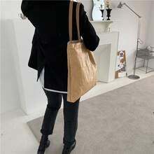Damenhandtasche, gewaschenes Kraftpapier (Lederimitat), große Umhängetasche mit Schultergurt, einfarbiger Einkaufsbeutel, Handtasche mit großer Kapazität, Damenhandtasche - Schwarz - Übersicht 4