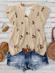 Blusa casual de mujer con estampado de cerezas, cuello plisado y mangas cortas de campana en silueta "H", para uso diario y vacaciones - Caqui - Ver 6