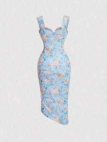 Vestido con estampado floral, plisado y dobladillo asimétrico con abertura, vestidos en tonos pastel para mujer - Azul - Ver 2