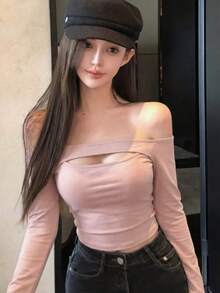 女款初秋新款浪漫修身性感鏤空設計露肩貼身長袖上衣 - 粉色 - 查看 1