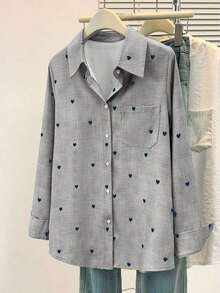 Camisa polo de manga larga con bolsillo y estampado de corazón de unicolor básico casual para mujer, adecuada para uso diario en , verano y otoño - Gris - Ver 3