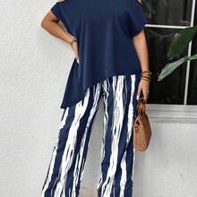 Holidaya Plus Size Blue Casual Loose Cold Shoulder Two Pieces Set, For Summer - Café integral - Ver 7