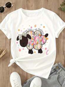1 Piece Cute Sheep Print T-Shirt, Floral Design "The Lord Is My Shepherd", Spring Easter Clothes, Casual T-Shirt For Women, Christian Faith Statement T-Shirt, 180g 100% Cotton - 黑色 - 查看 10