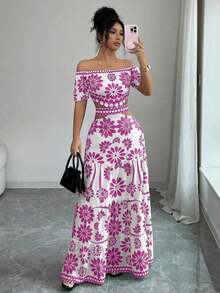 de moda con estampado floral, hombros descubiertos, manga corta y cintura hueca - Morado - Ver 3