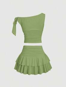 Conjunto de top de tirantes y minifalda plisada y con decoración de flores metálicas para mujer, ideal para el verano - Verde - Ver 4