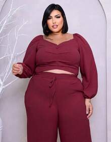 Plus Size Set: Off-The-Shoulder Cropped Top And Elegant High-Waisted Lined Palazzo Pants - 紅木色 - 查看 3