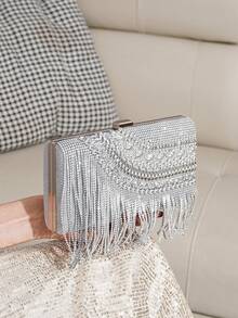 Tas Malam Kotak Rumbai Modis, Dompet Clutch Dekorasi Rhinestone, Tas Rantai Selempang Bahu, Tas Pesta Formal Wanita Gaya Eropa dan Amerika - Perak - View 6