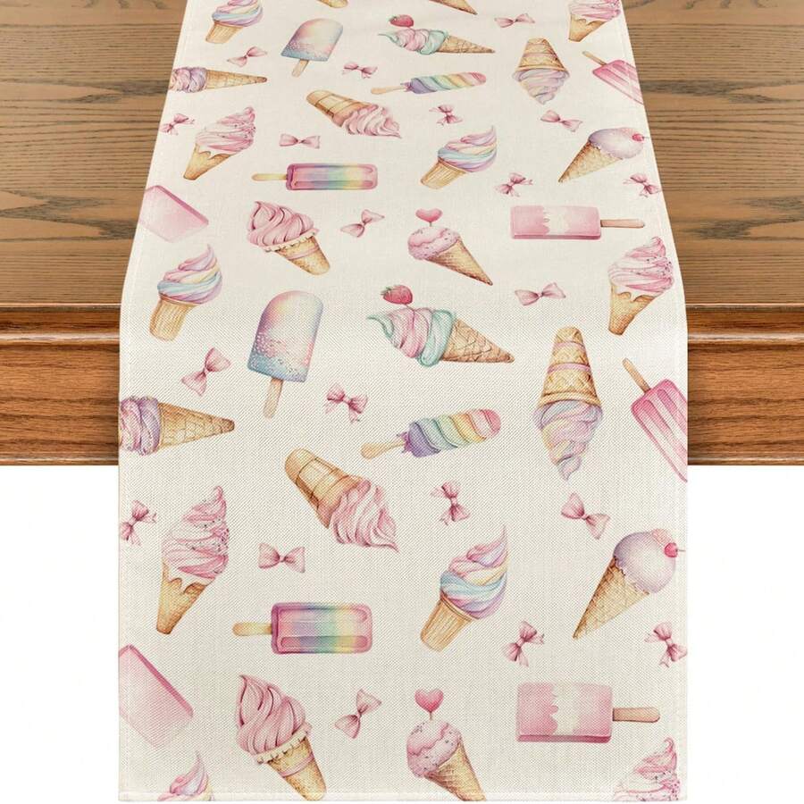 1pc Ice Cream Bow Summer Tablecloth, Seasonal Kitchen Dining Table Home Party Decoration - Multicolor - View 1