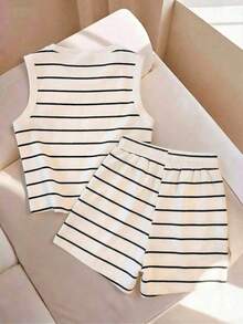 Conjunto casual de 2 piezas de top de tirantes de cuello redondo a rayas y shorts con cordón en la cintura para mujer - Multicolor - Ver 2
