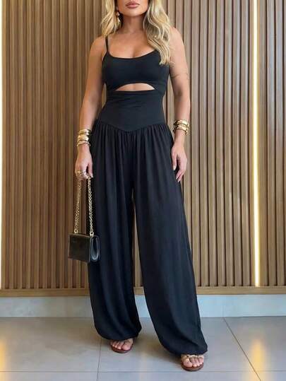 ChicMe Women's Backless Spaghetti Strap Jumpsuit, High Waist Pleated Romper, Suitable For Party, Daily Wear And Streetwear Black Summer