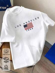 Women's Oversize T-Shirt, Featuring "LOS ANGELES" Logo + American Flag Design + "1984" Year Pattern, Spring/Summer All Season New Sports Women's Clothing, Fashion Soft Breathable Women's Short Sleeve Top For June Celebration, Festival, Graduation - White - View 1