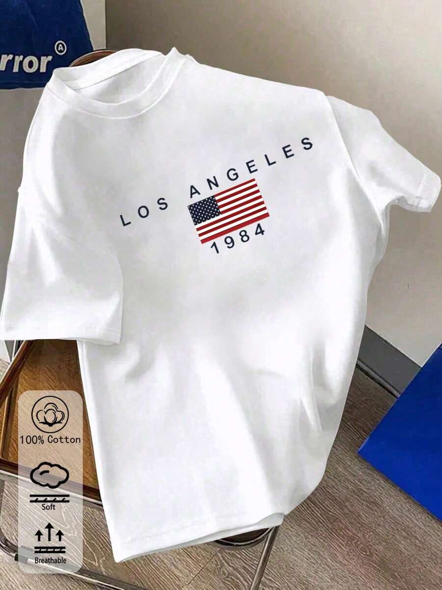 Women's Oversize T-Shirt, Featuring "LOS ANGELES" Logo + American Flag Design + "1984" Year Pattern, Spring/Summer All Season New Sports Women's Clothing, Fashion Soft Breathable Women's Short Sleeve Top For June Celebration, Festival, Graduation - White - View 1