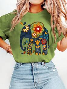 Women's High-Quality Wholesale T-Shirt With Bohemian Elephant Print - Short-Sleeved Top With A Soft Round Neck, Featuring Vibrant Elephant And Flower Designs, Suitable For Casual And Semi-Formal Wear In All Seasons. Made From Comfortable Stretch Fabric, Machine Washable, Available In Sizes S-XXL. New 2026 Collection - 100% Breathable Cotton. - 白色 - 查看 10
