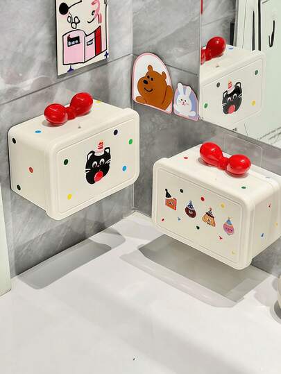 Cute Cream White & Red Bow Decor Tissue Box, Waterproof Dustproof No Drilling Wall-Mounted Toilet Paper Holder, Suitable For Bathroom, Kitchen, All Seasons