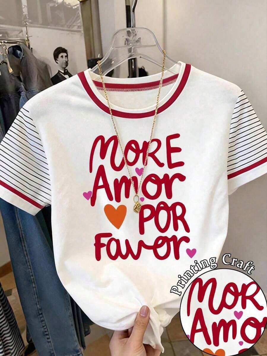 Camiseta casual de mujer de cuello redondo y manga corta con estampado de letras y rayas - Multicolor 3 - Ver 1