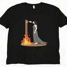 Women's Black Cotton Round Neck Short Sleeve T-Shirt with Unique Fire Breathing Design Casual Regular Fit Tee - Negro - Ver 1