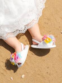 Giày sandal cho bé gái sơ sinh, kiểu dáng bèo nhún, nơ, đế mềm cao cấp, chống trượt, hở mũi, thoáng khí, thích hợp cho mùa hè, hoạt động ngoài trời, tập đi. Giày sandal cho bé gái 0-3 tháng tuổi. - trắng - Xem 5