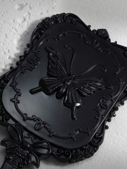 1 pieza Espejo de maquillaje portátil con estilo gótico, patrón de mariposa vintage negro, adecuado para viajes, un regalo para la novia, también un gran artículo para Halloween