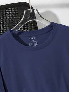 Camiseta casual versátil de mujer talla grande de cuello redondo y manga corta, de color liso - Azul marino 2 - Ver 3