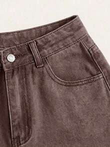 Pantalones cortos vaqueros de cintura alta enrollados para el verano - Café integral - Ver 3