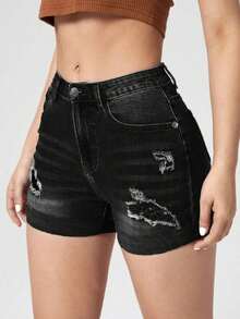 Shorts en mezclilla desgarro bajo de doblez - Negro - Ver 1