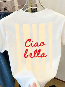 Women's 'Ciao Bella' Print T-Shirt, Elegant Short Sleeve Round Neck Top, High Elasticity Summer Casual T-Shirt, White - 白色 - 查看 5