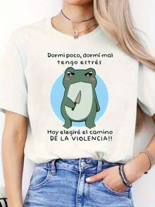 Camiseta de Mujer con Estampado de Letras en Español y Cocodrilo - Top Rosa Suave de Cuello Redondo y Manga Corta, Blusa Casual de Elasticidad Media, Lavable a Máquina, Camiseta de Primavera Verano con Frase en Español y Lindo Estampado de Cocodrilo, No de Tela para Atuendo Casual, 100% Algodón - Blanco - Ver 7