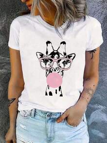 CHICLY19 Women's Giraffe Print T-Shirt With Glasses And Bubble Gum, Fun Round Neck Animal Print T-Shirt, Casual And Relaxed Fit, Soft And Breathable Cotton Blend Top, Fun And Whimsical Style Clothing For Daily Wear And Casual Outings. - 白色 - 查看 1