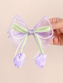 1pc Purple Tulip Hair Bow For Women Elegant Faux Pearl Chain Bow Hair Clip Purple Organza Bow Alligator Clip Romantic Bead Chain Bow Hair Barrette Cute Flower Hairpin For Daily Party & Holiday Women Hair Accessories,Travel,Birthday, Claw Clips - Purple - View 4