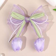 1pc Purple Tulip Hair Bow For Women Elegant Faux Pearl Chain Bow Hair Clip Purple Organza Bow Alligator Clip Romantic Bead Chain Bow Hair Barrette Cute Flower Hairpin For Daily Party & Holiday Women Hair Accessories,Travel,Birthday, Claw Clips - Purple - View 11