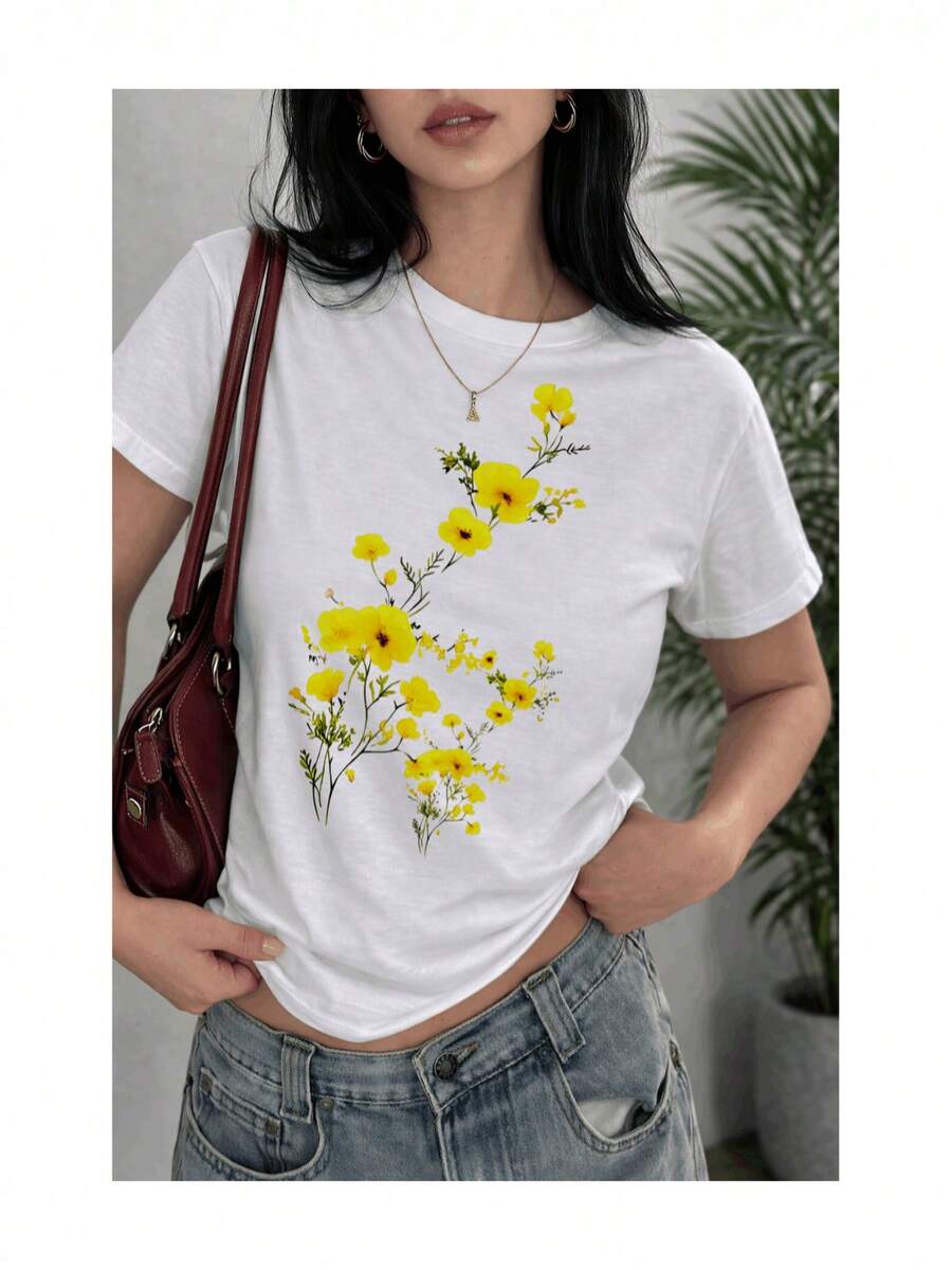 Soft 100% Cotton Women's T-Shirt, Yellow Floral Print, Minimalist, Soft Touch, Short Sleeve, Round Neck, Spring Summer, Casual, Comfortable For Everyday Wear, Breathable Cotton T-Shirt, Matches Everything, Cool. - 白色 - 查看 1